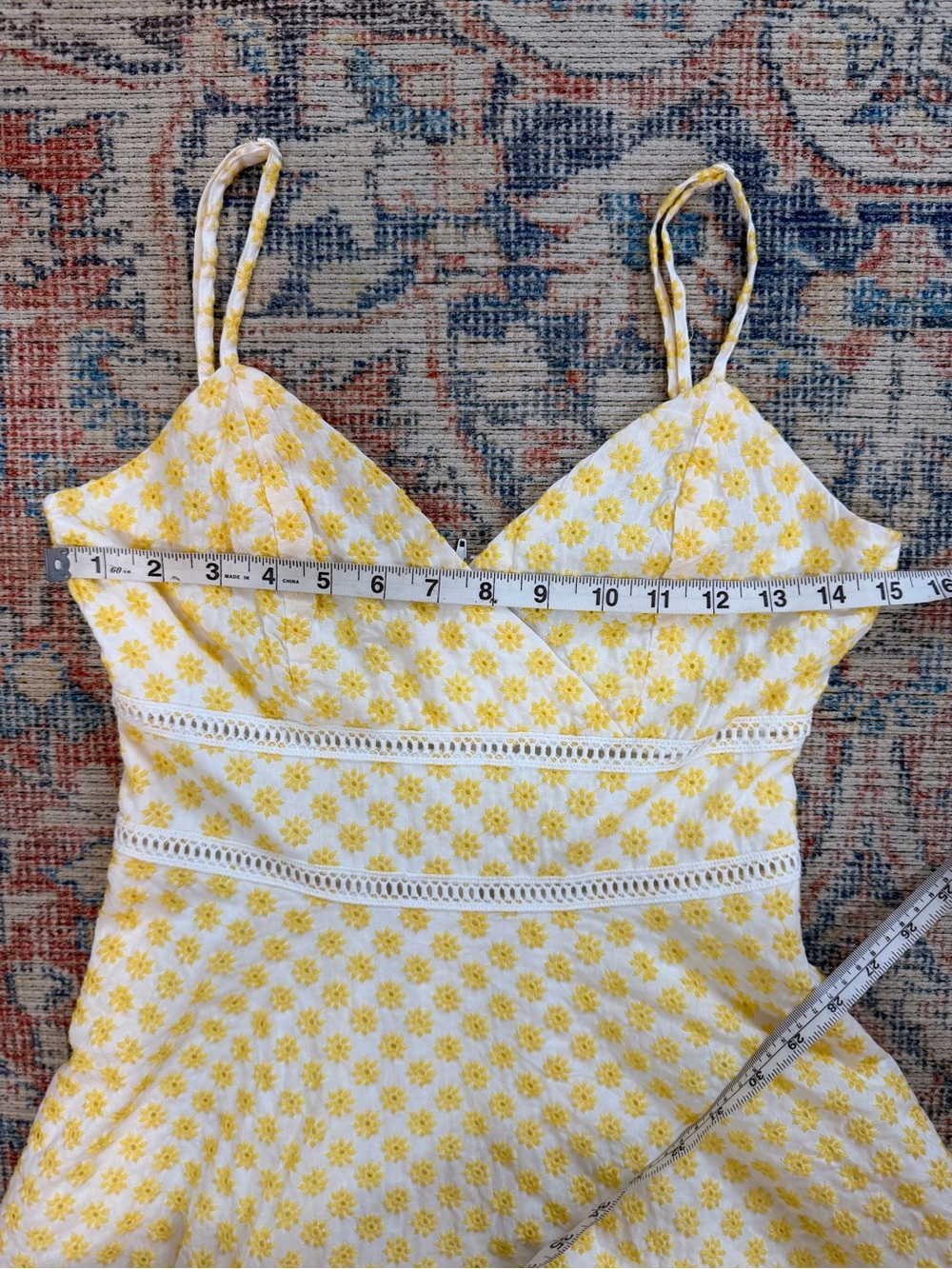 White Yellow Floral Eyelet Sundress 100%Cotton Flare Sorority Rush Cottagecore 5 - Picture 7 of 10
